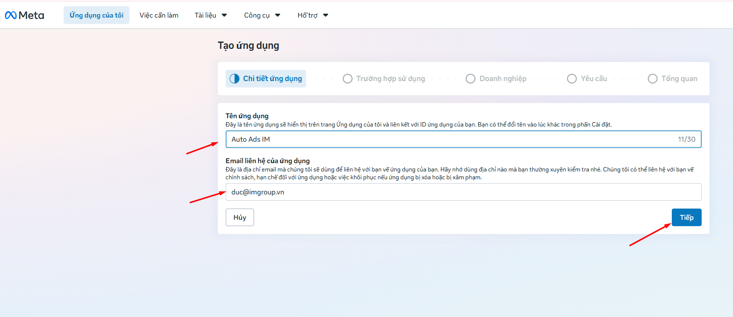 Nhập tên ứng dụng và email