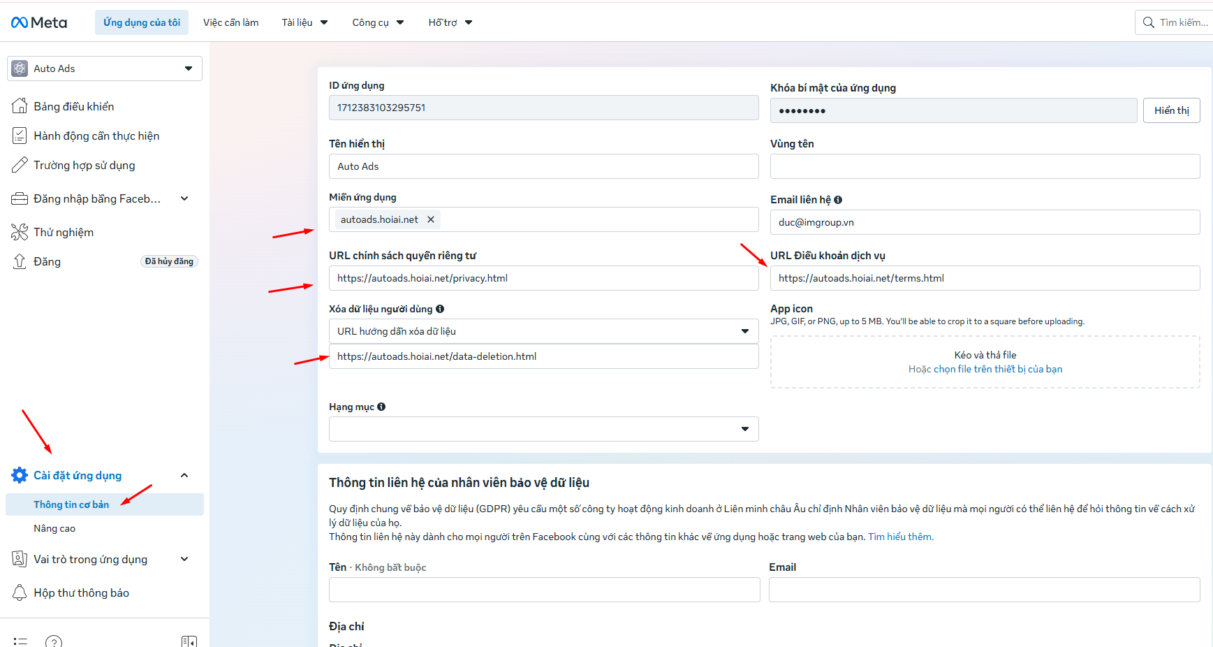 Settings Basic - điền các URL