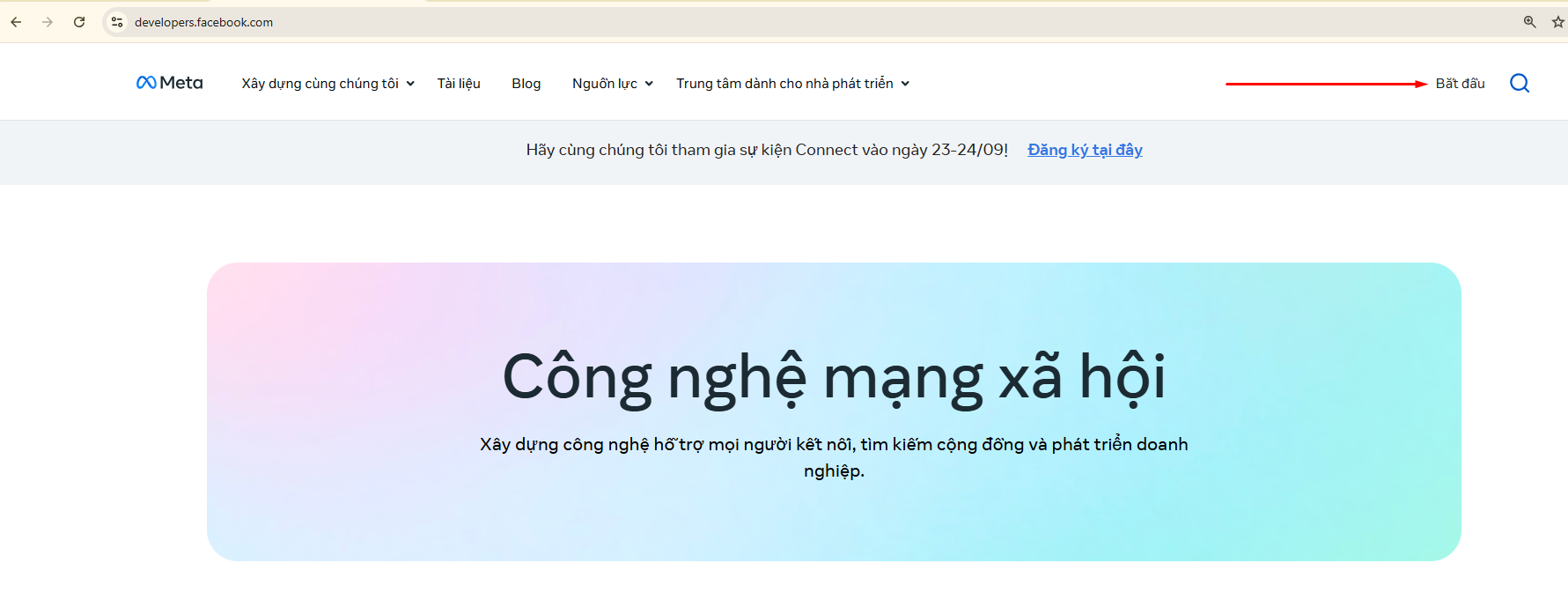 Trang chủ developers.facebook.com - nút Bắt đầu